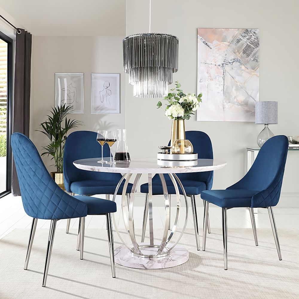 Savoy Round Dining Table & 4 Ricco Chairs, Grey Marble Effect & Chrome, Blue Classic Velvet, 120cm
