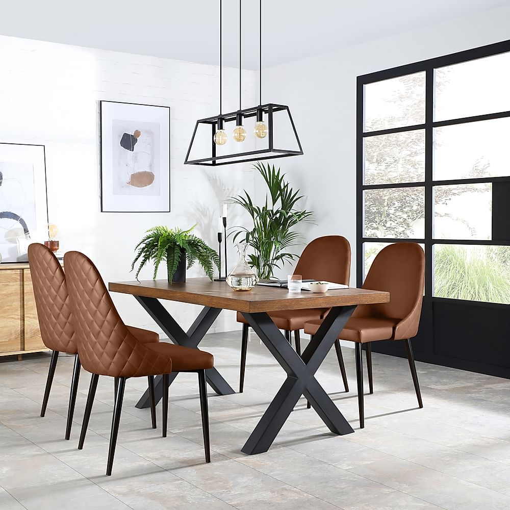 Franklin Industrial Dining Table & 4 Ricco Chairs, Dark Oak Veneer & Black Steel, Tan Premium Faux Leather, 150cm