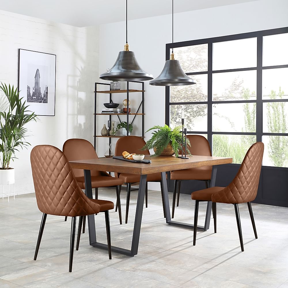 Addison Industrial Dining Table & 4 Ricco Chairs, Dark Oak Veneer & Black Steel, Tan Premium Faux Leather, 150cm