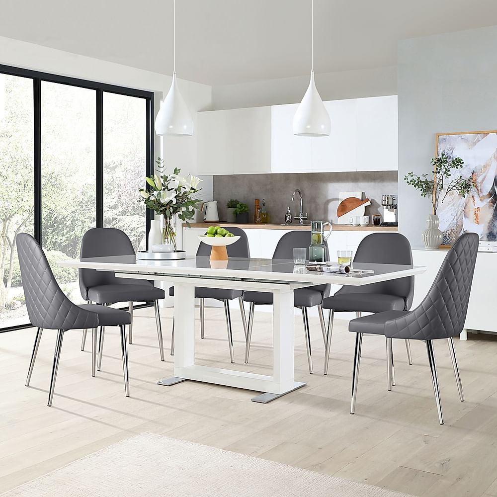 Tokyo Extending Dining Table & 8 Ricco Chairs, White High Gloss, Grey Premium Faux Leather & Chrome, 160-220cm