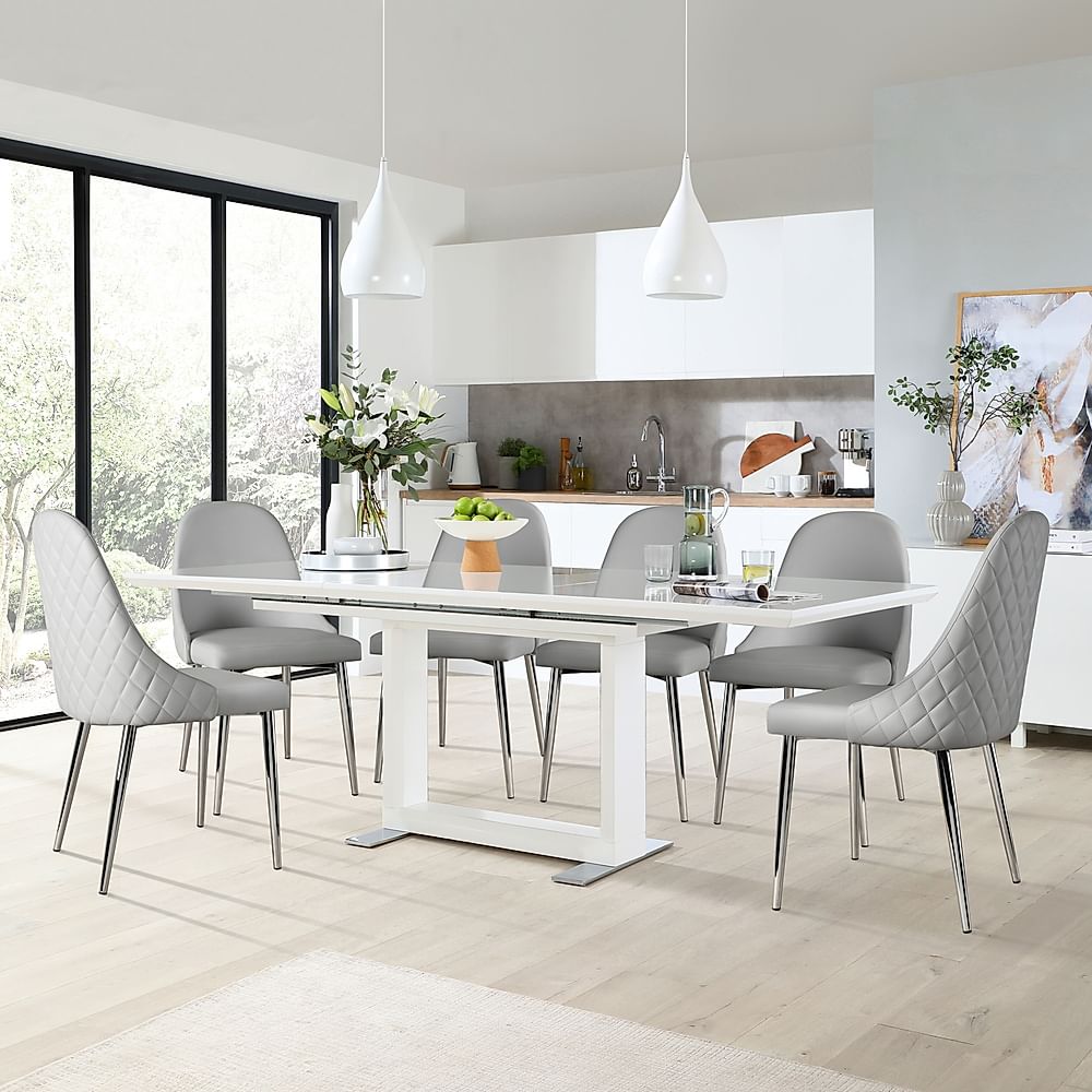Tokyo Extending Dining Table & 4 Ricco Chairs, White High Gloss, Light Grey Premium Faux Leather & Chrome, 160-220cm