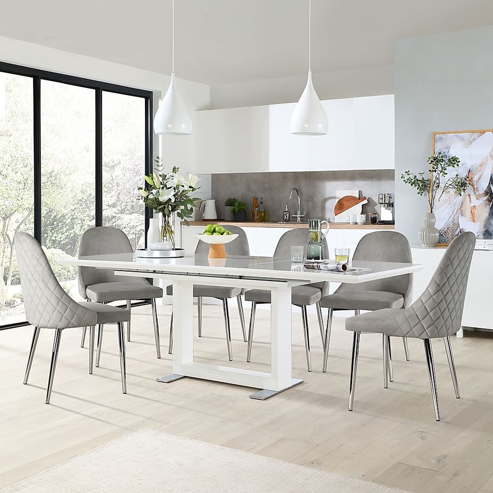 Tokyo Extending Dining Table & 4 Ricco Chairs, White High Gloss, Grey Classic Velvet & Chrome, 160-220cm