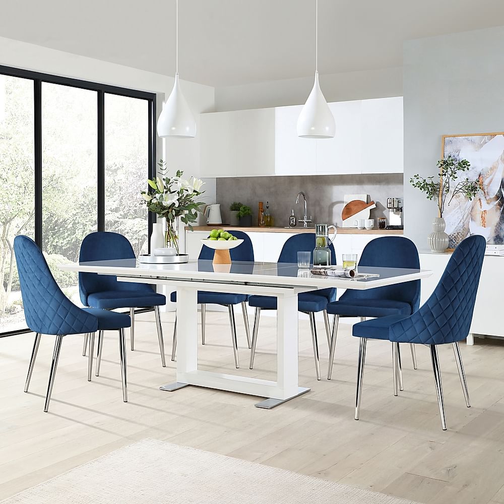 Tokyo Extending Dining Table & 6 Ricco Chairs, White High Gloss, Blue Classic Velvet & Chrome, 160-220cm