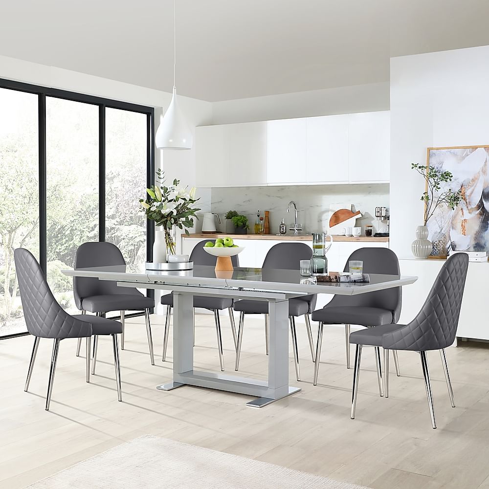 Tokyo Extending Dining Table & 8 Ricco Chairs, Grey High Gloss, Grey Premium Faux Leather & Chrome, 160-220cm