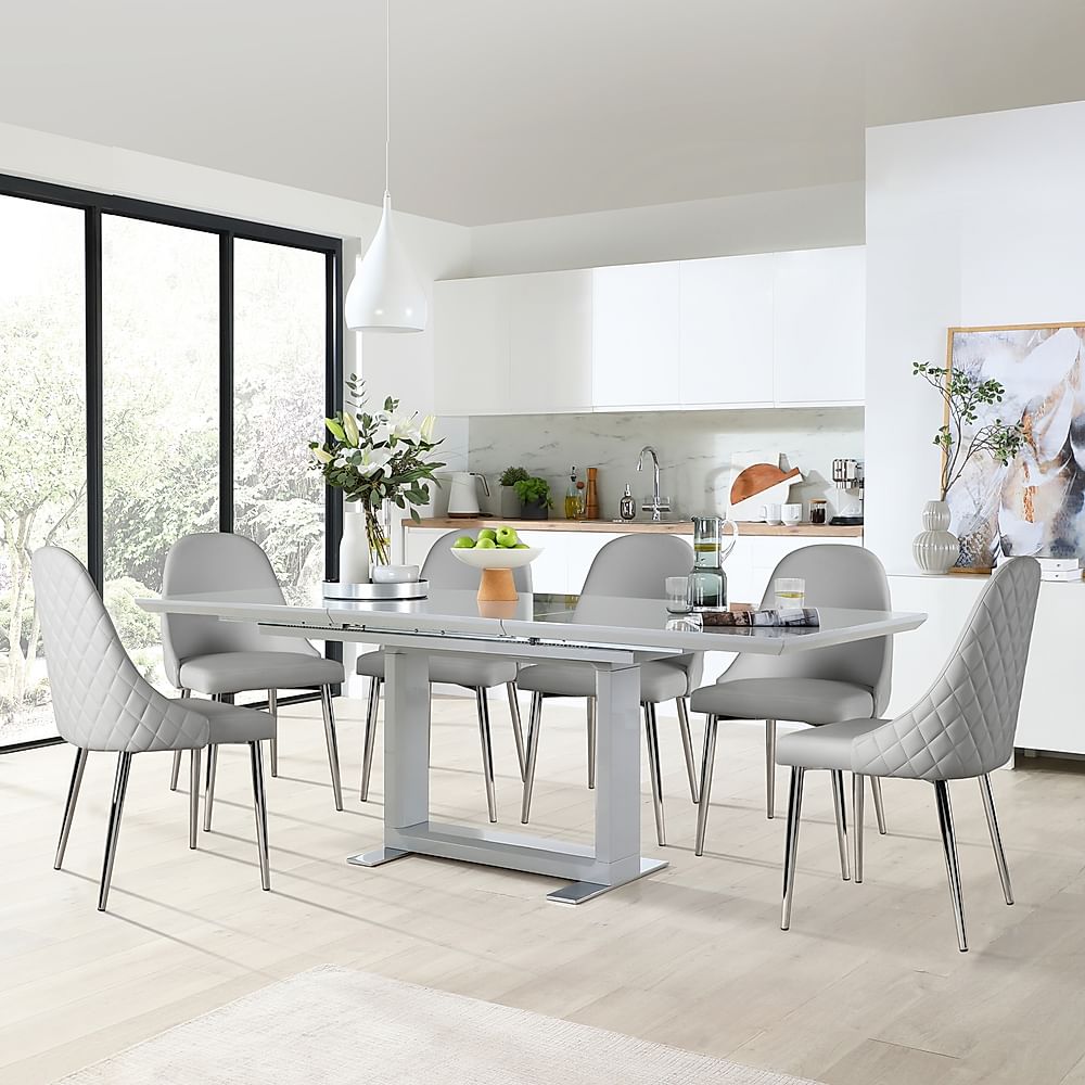 Tokyo Extending Dining Table & 6 Ricco Chairs, Grey High Gloss, Light Grey Premium Faux Leather & Chrome, 160-220cm