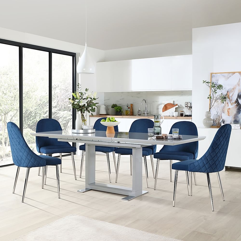 Tokyo Extending Dining Table & 6 Ricco Chairs, Grey High Gloss, Blue Classic Velvet & Chrome, 160-220cm