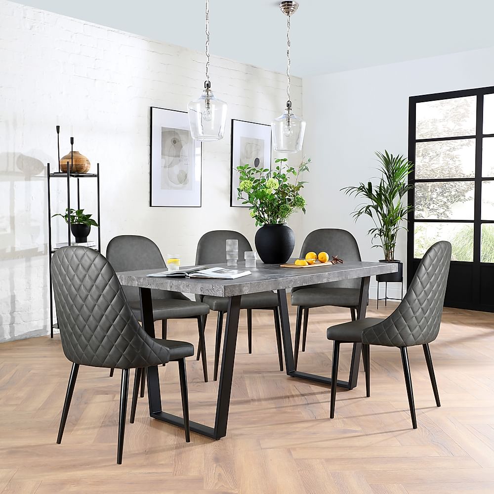 Addison Industrial Dining Table & 4 Ricco Chairs, Grey Concrete Effect & Black Steel, Vintage Grey Premium Faux Leather, 150cm