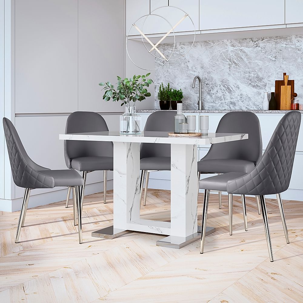 Joule Dining Table & 4 Ricco Chairs, White Marble Effect, Grey Premium Faux Leather & Chrome, 120cm