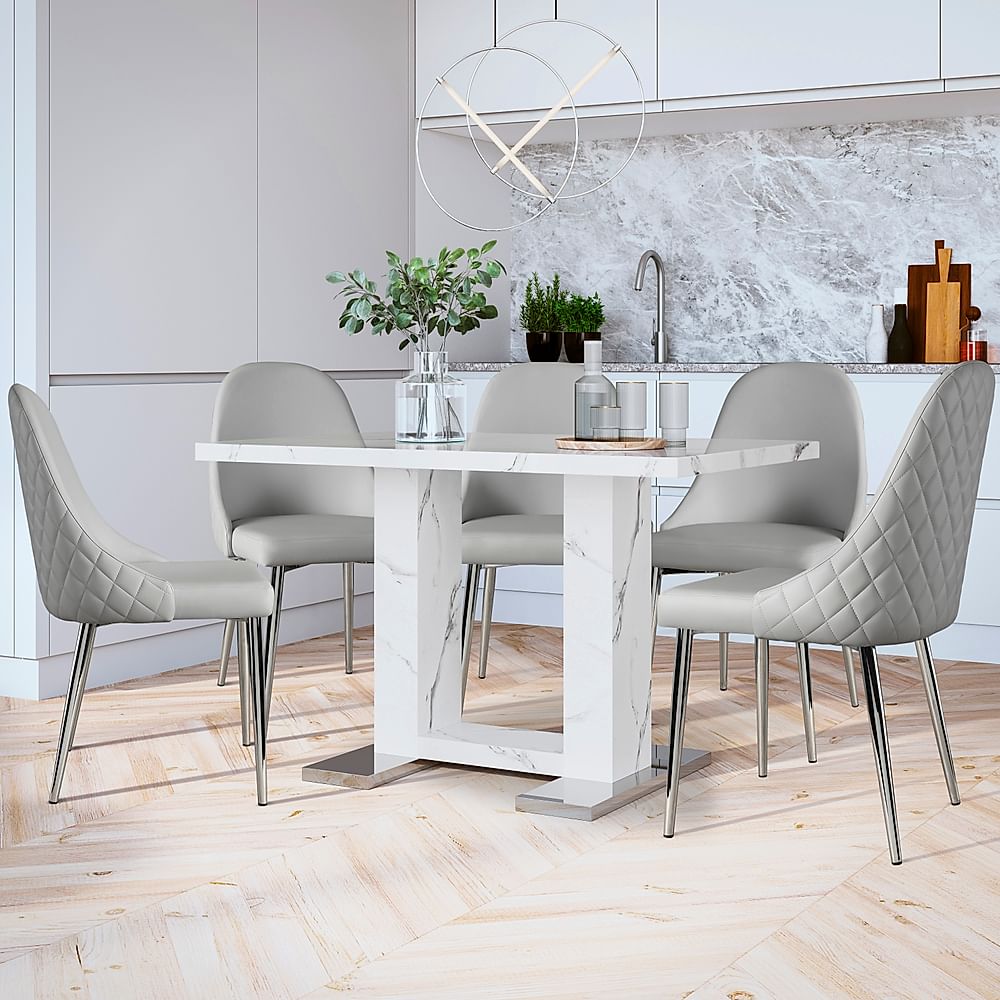 Joule Dining Table & 4 Ricco Chairs, White Marble Effect, Light Grey Premium Faux Leather & Chrome, 120cm