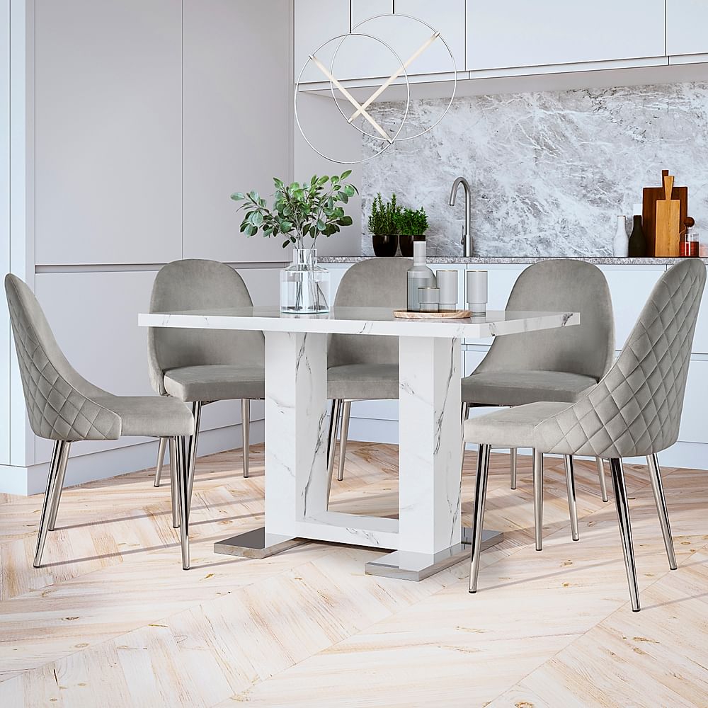 Joule Dining Table & 4 Ricco Chairs, White Marble Effect, Grey Classic Velvet & Chrome, 120cm