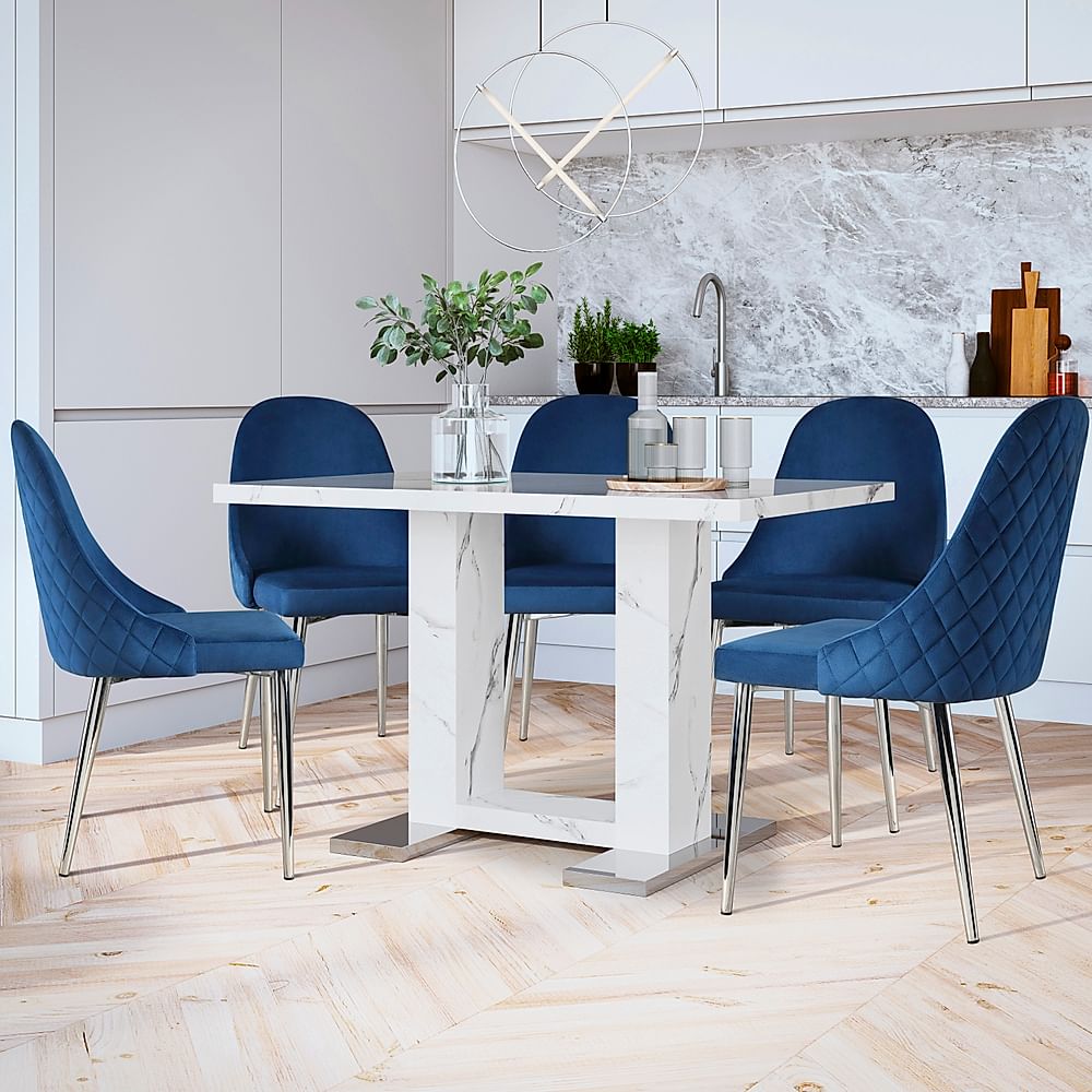 Joule Dining Table & 4 Ricco Chairs, White Marble Effect, Blue Classic Velvet & Chrome, 120cm