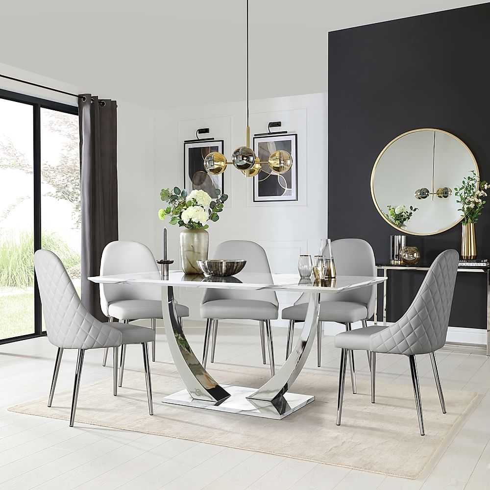 Peake Dining Table & 6 Ricco Chairs, White Marble Effect & Chrome, Light Grey Premium Faux Leather, 160cm