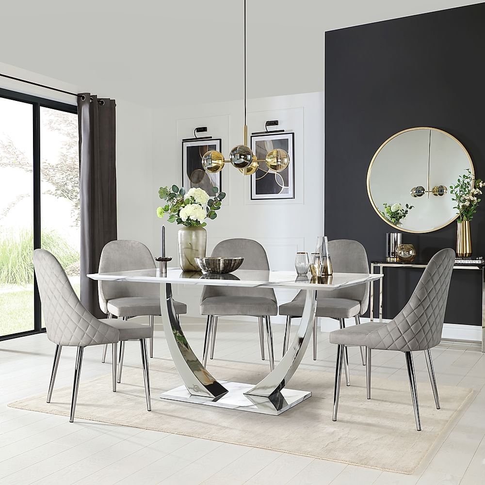 Peake Dining Table & 4 Ricco Chairs, White Marble Effect & Chrome, Grey Classic Velvet, 160cm