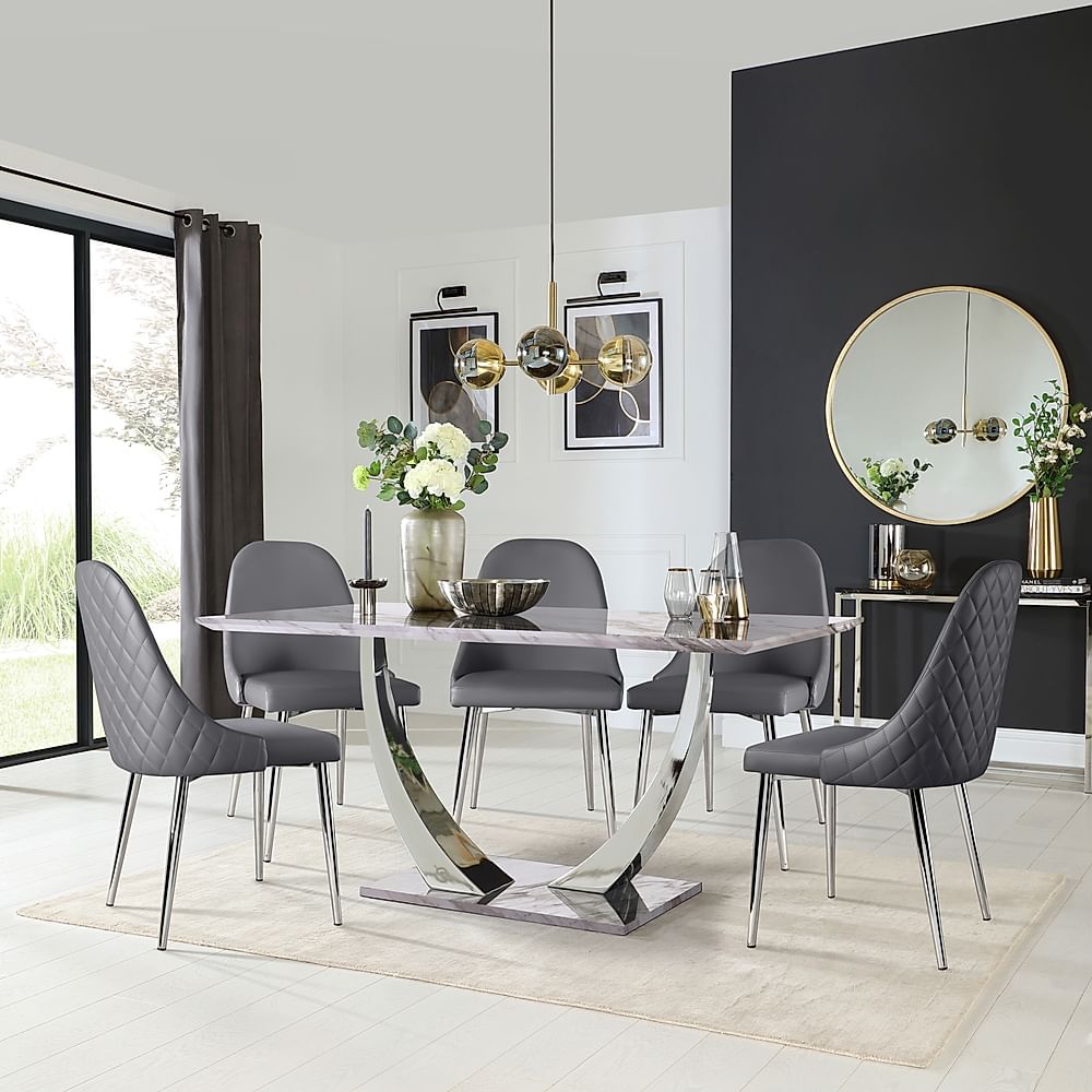 Peake Dining Table & 6 Ricco Chairs, Grey Marble Effect & Chrome, Grey Premium Faux Leather, 160cm