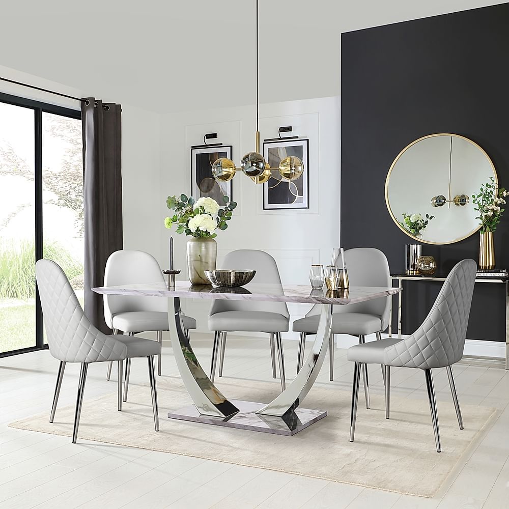 Peake Dining Table & 4 Ricco Chairs, Grey Marble Effect & Chrome, Light Grey Premium Faux Leather, 160cm