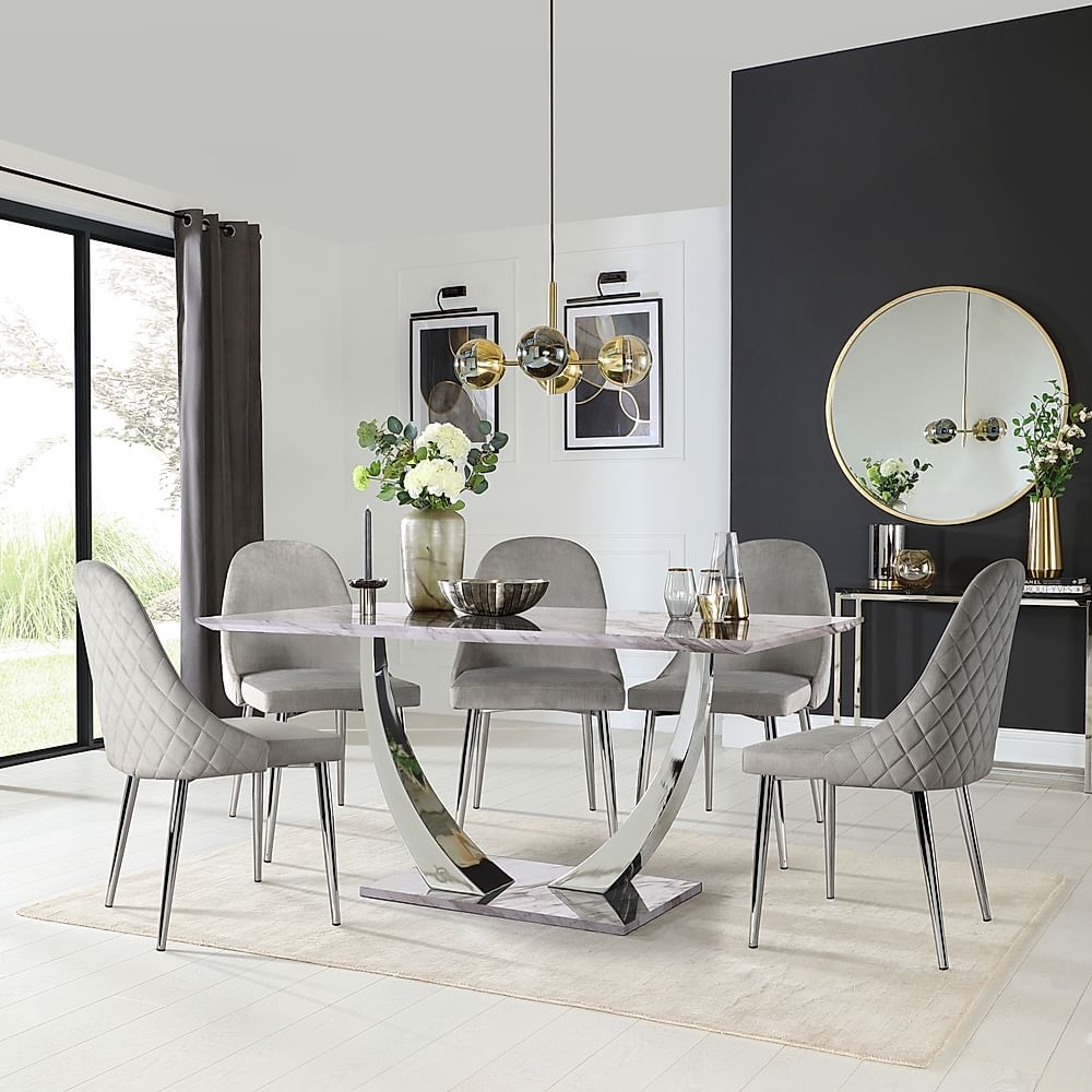 Peake Dining Table & 6 Ricco Chairs, Grey Marble Effect & Chrome, Grey Classic Velvet, 160cm