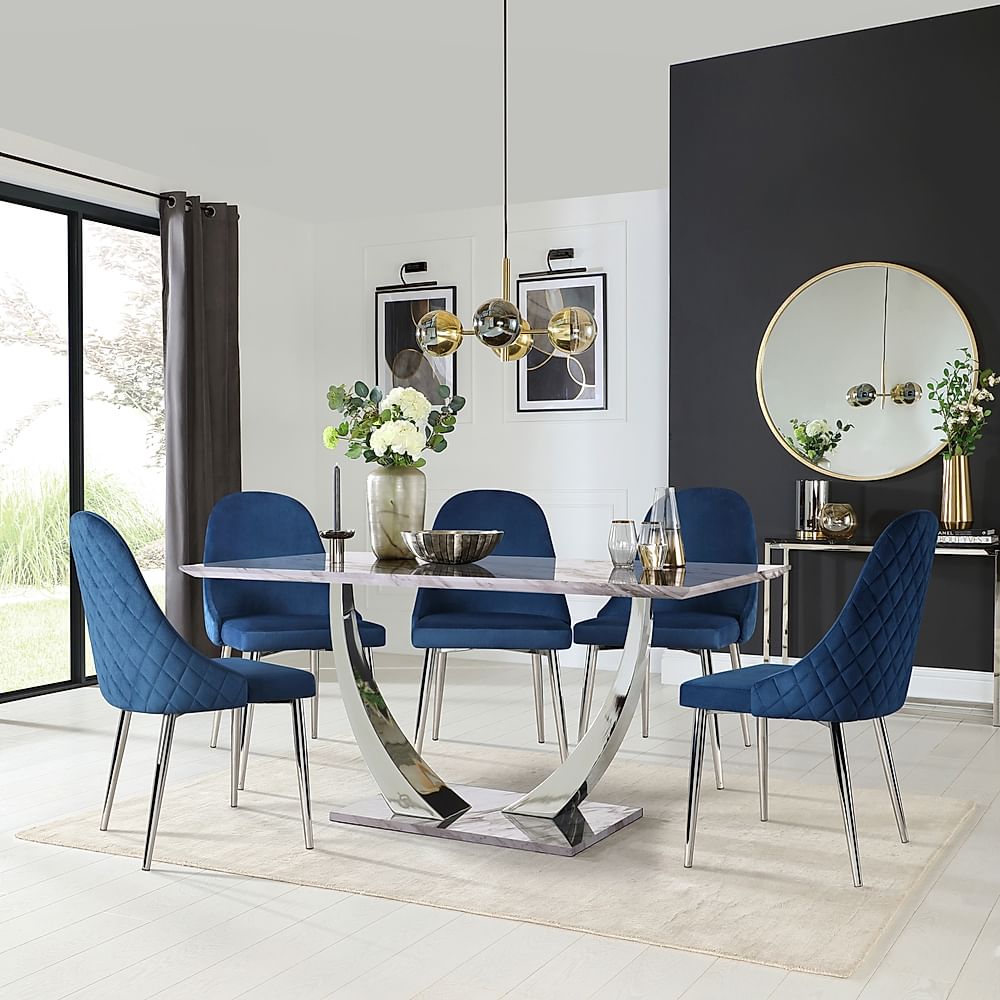 Peake Dining Table & 4 Ricco Chairs, Grey Marble Effect & Chrome, Blue Classic Velvet, 160cm