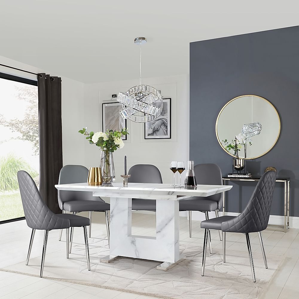 Florence Extending Dining Table & 4 Ricco Chairs, White Marble Effect, Grey Premium Faux Leather & Chrome, 120-160cm
