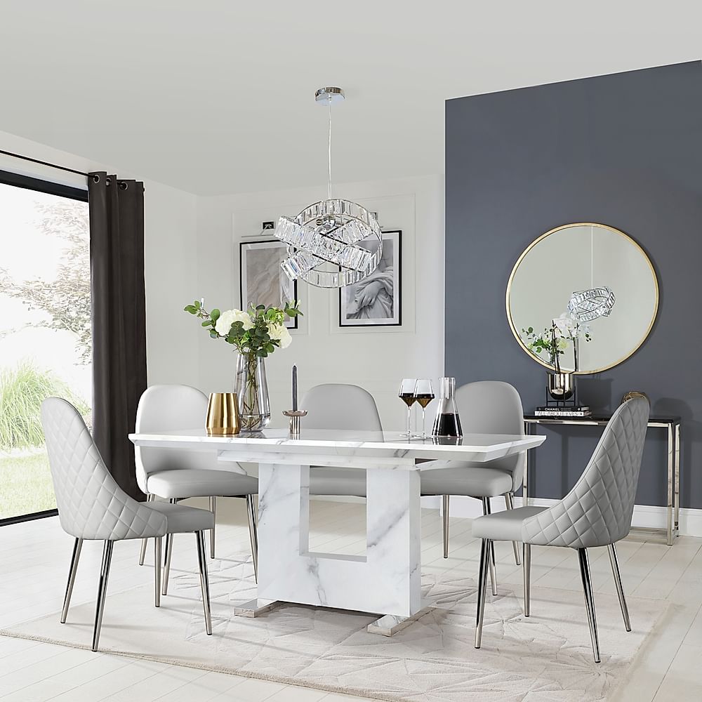 Florence Extending Dining Table & 6 Ricco Chairs, White Marble Effect, Light Grey Premium Faux Leather & Chrome, 120-160cm