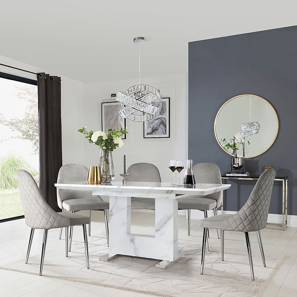 Florence Extending Dining Table & 6 Ricco Chairs, White Marble Effect, Grey Classic Velvet & Chrome, 120-160cm