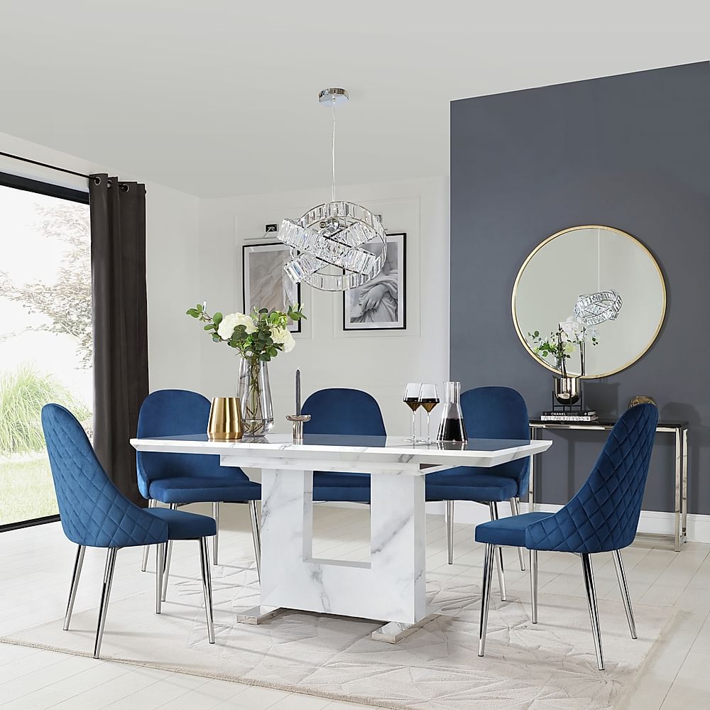 White marble table online with blue chairs