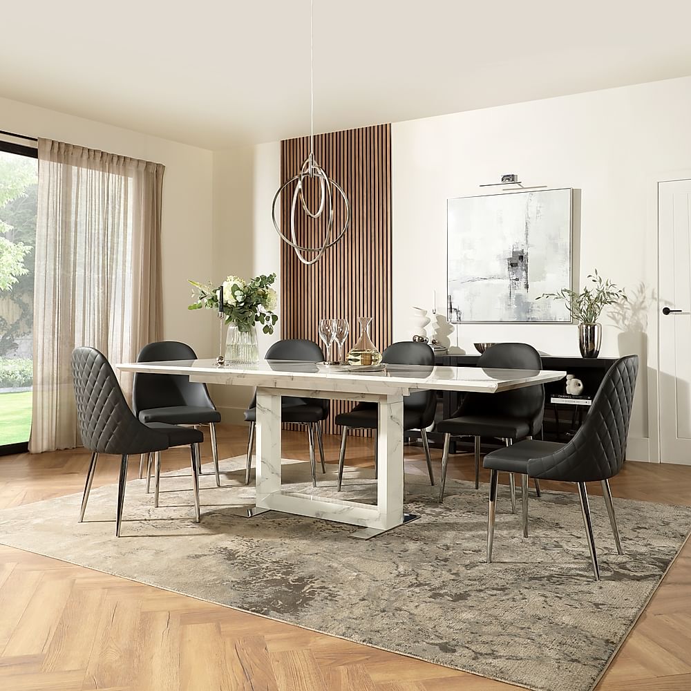 Tokyo Extending Dining Table & 8 Ricco Chairs, White Marble Effect, Grey Premium Faux Leather & Chrome, 160-220cm