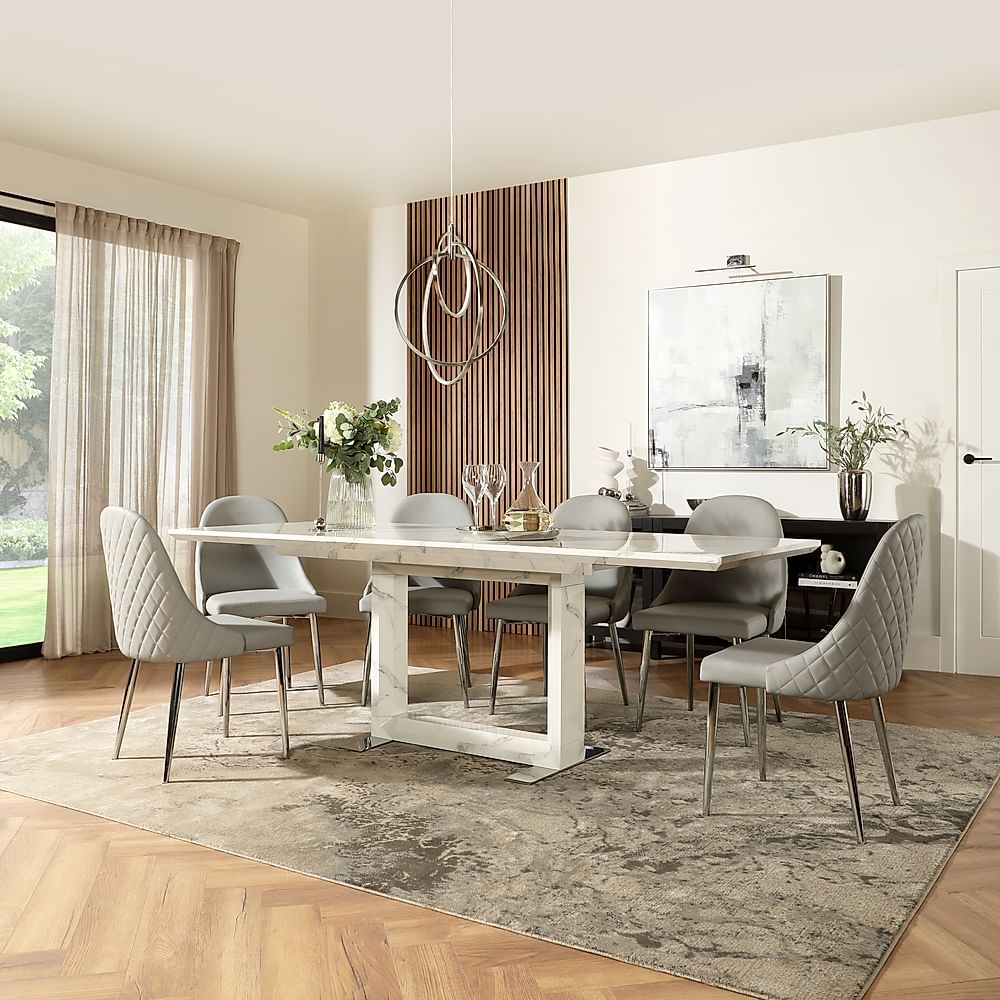 Tokyo Extending Dining Table & 4 Ricco Chairs, White Marble Effect, Light Grey Premium Faux Leather & Chrome, 160-220cm