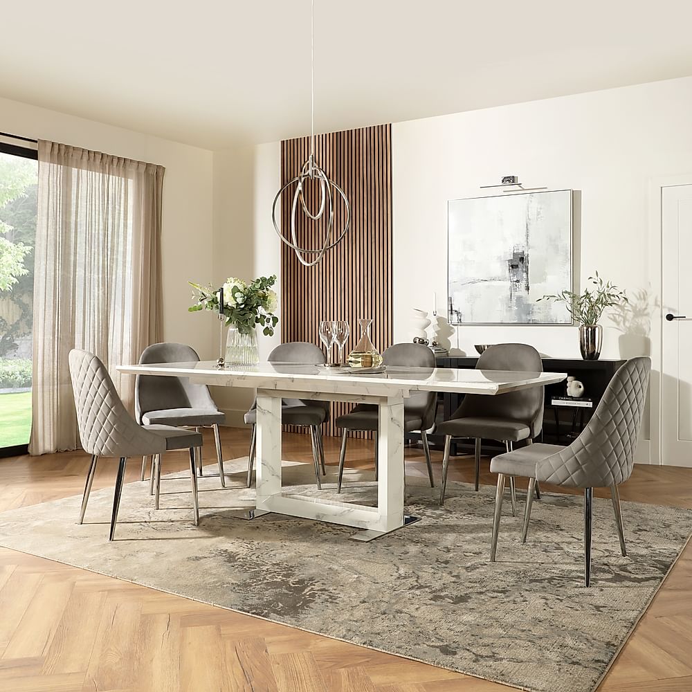 Tokyo Extending Dining Table & 8 Ricco Chairs, White Marble Effect, Grey Classic Velvet & Chrome, 160-220cm