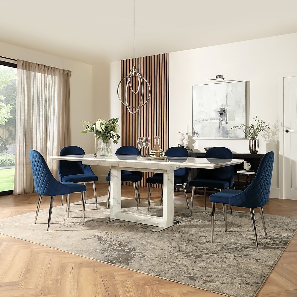 Tokyo Extending Dining Table & 6 Ricco Chairs, White Marble Effect, Blue Classic Velvet & Chrome, 160-220cm