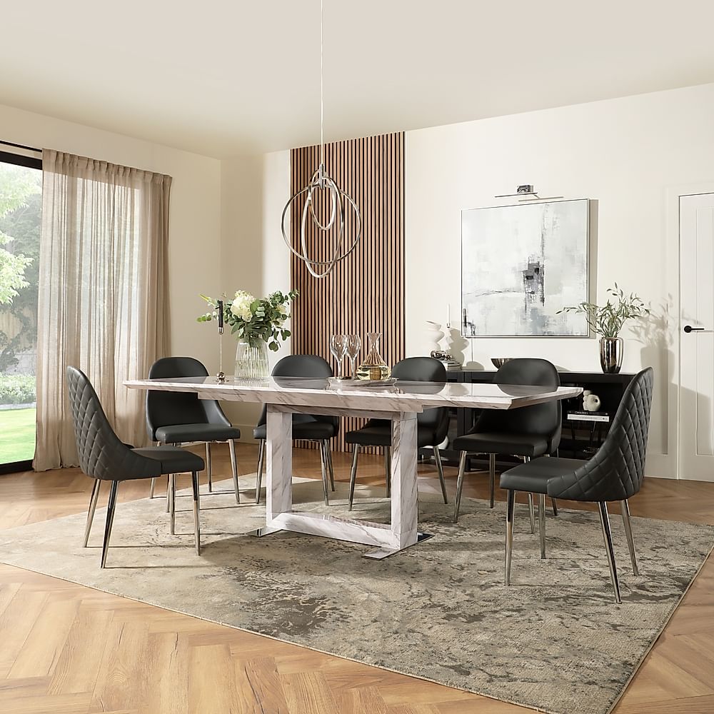 Tokyo Extending Dining Table & 8 Ricco Chairs, Grey Marble Effect, Grey Premium Faux Leather & Chrome, 160-220cm