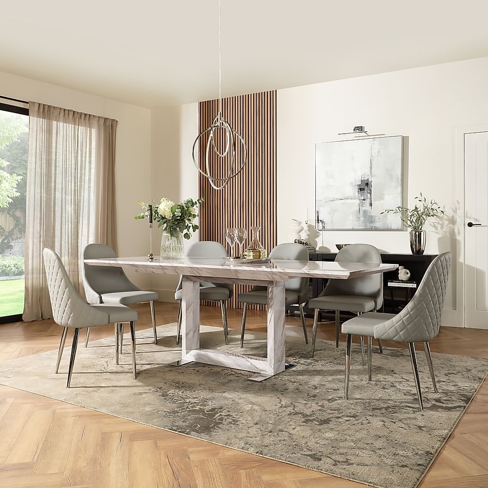 Tokyo Extending Dining Table & 6 Ricco Chairs, Grey Marble Effect, Light Grey Premium Faux Leather & Chrome, 160-220cm