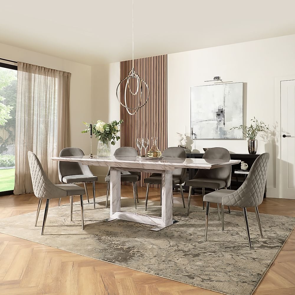 Tokyo Extending Dining Table & 6 Ricco Chairs, Grey Marble Effect, Grey Classic Velvet & Chrome, 160-220cm