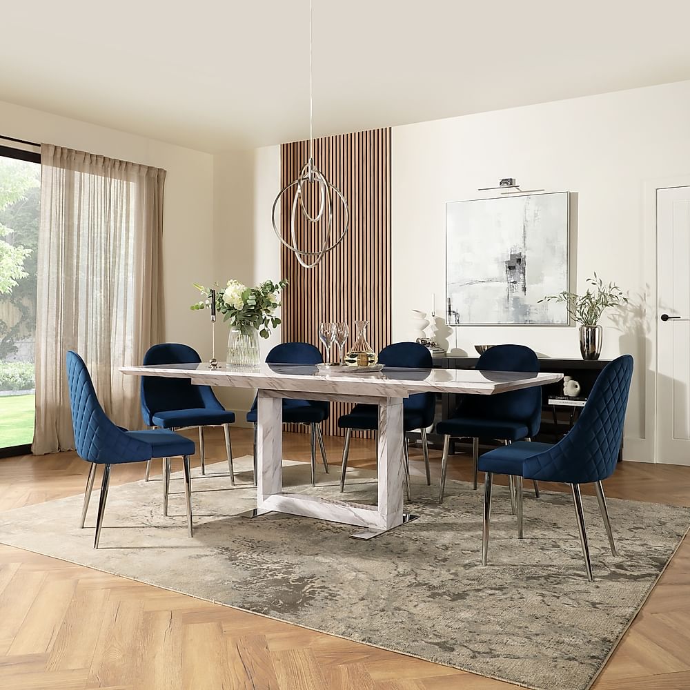 Tokyo Extending Dining Table & 6 Ricco Chairs, Grey Marble Effect, Blue Classic Velvet & Chrome, 160-220cm