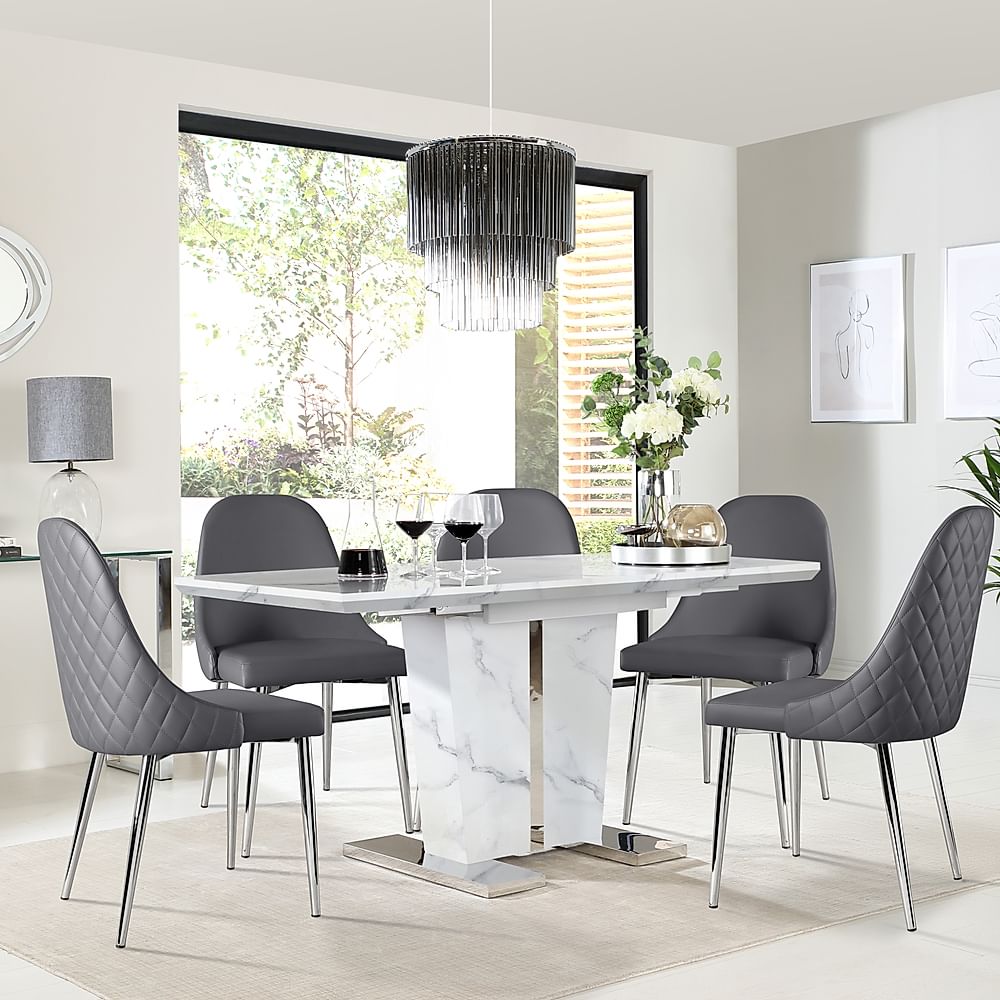 Vienna Extending Dining Table & 6 Ricco Chairs, White Marble Effect, Grey Premium Faux Leather & Chrome, 120-160cm