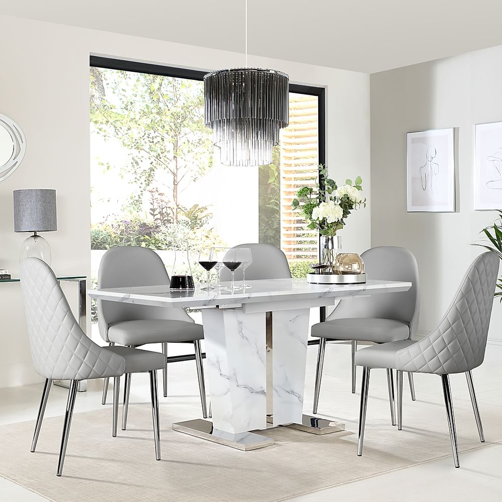 Vienna Extending Dining Table & 4 Ricco Chairs, White Marble Effect, Light Grey Premium Faux Leather & Chrome, 120-160cm