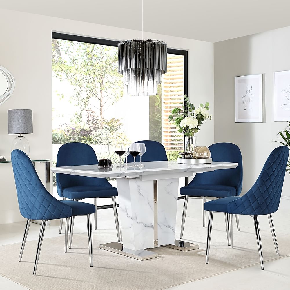 Vienna Extending Dining Table & 4 Ricco Chairs, White Marble Effect, Blue Classic Velvet & Chrome, 120-160cm