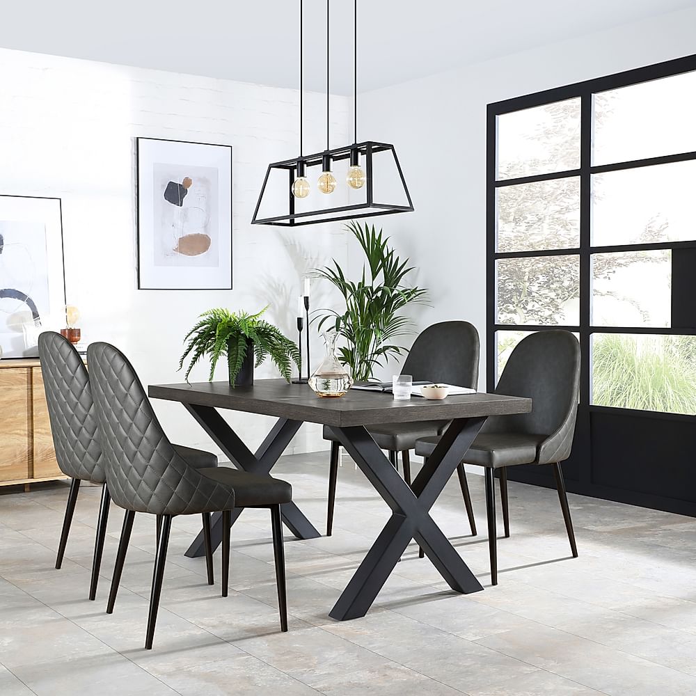Franklin Industrial Dining Table & 4 Ricco Chairs, Grey Oak Veneer & Black Steel, Vintage Grey Premium Faux Leather, 150cm