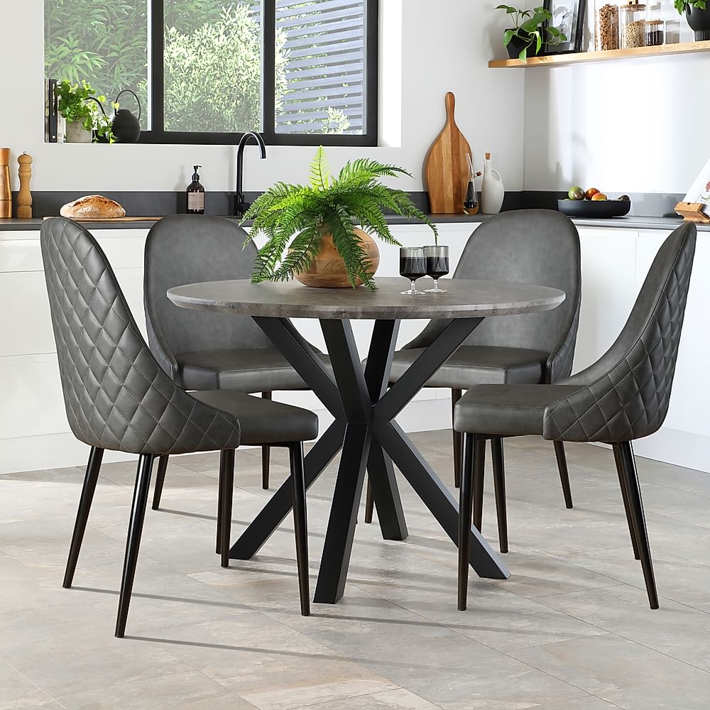 Newark Round Industrial Dining Table & 4 Ricco Chairs, Grey Concrete Effect & Black Steel, Vintage Grey Premium Faux Leather, 110cm
