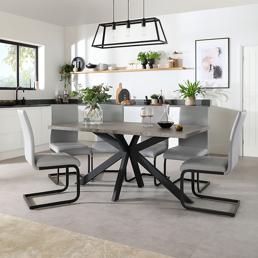 Madison Industrial Dining Table & 6 Perth Chairs, Grey Concrete Effect & Black Steel, Light Grey Classic Faux Leather, 160cm