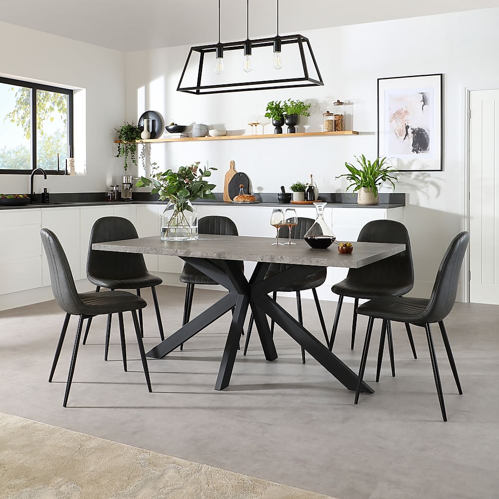 Madison Industrial Dining Table & 6 Brooklyn Chairs, Grey Concrete Effect & Black Steel, Vintage Grey Classic Faux Leather, 160cm