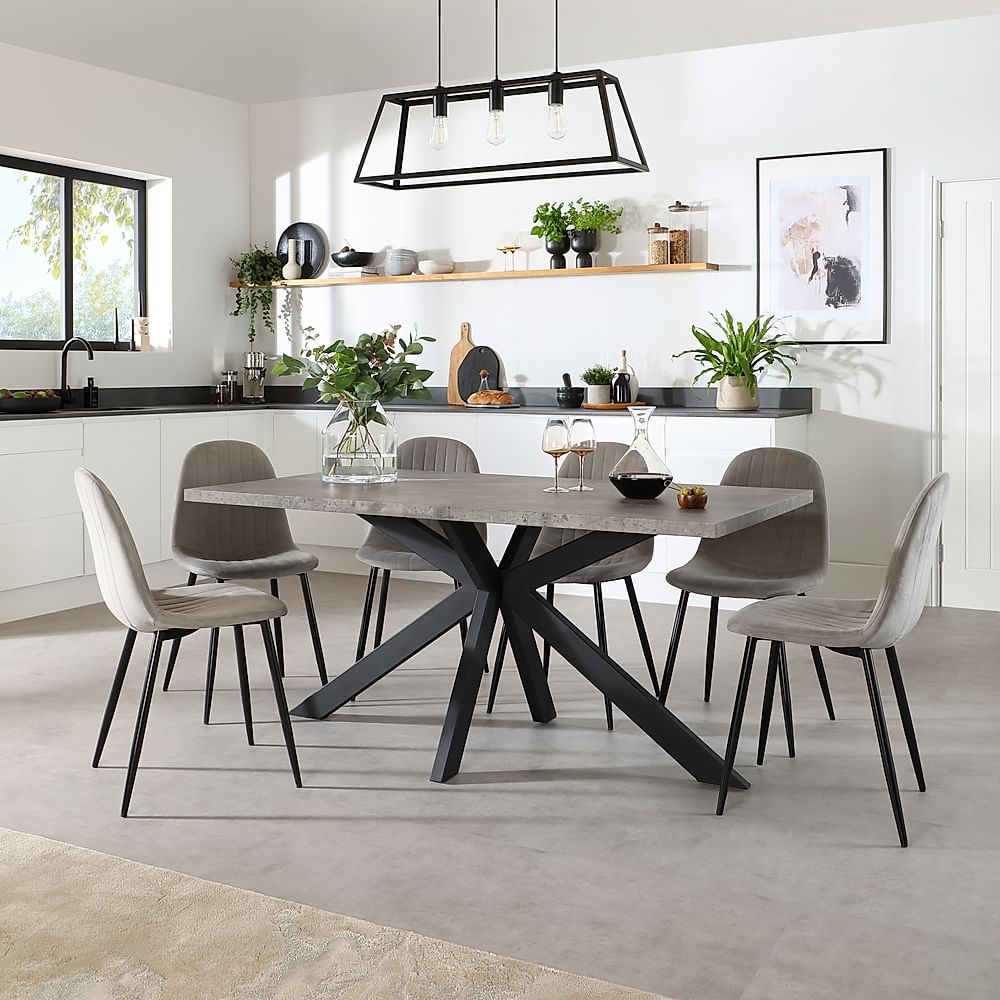 Madison Industrial Dining Table & 4 Brooklyn Chairs, Grey Concrete Effect & Black Steel, Grey Classic Velvet, 160cm