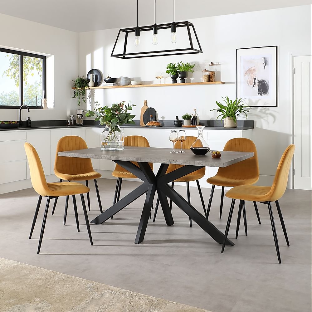 Madison Industrial Dining Table & 4 Brooklyn Chairs, Grey Concrete Effect & Black Steel, Mustard Classic Velvet, 160cm