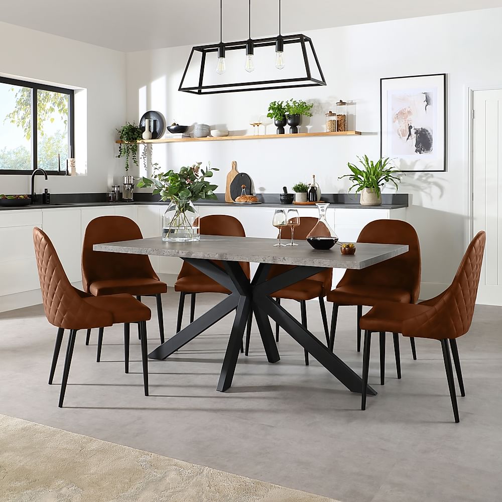 Madison Industrial Dining Table & 4 Ricco Chairs, Grey Concrete Effect & Black Steel, Tan Premium Faux Leather, 160cm