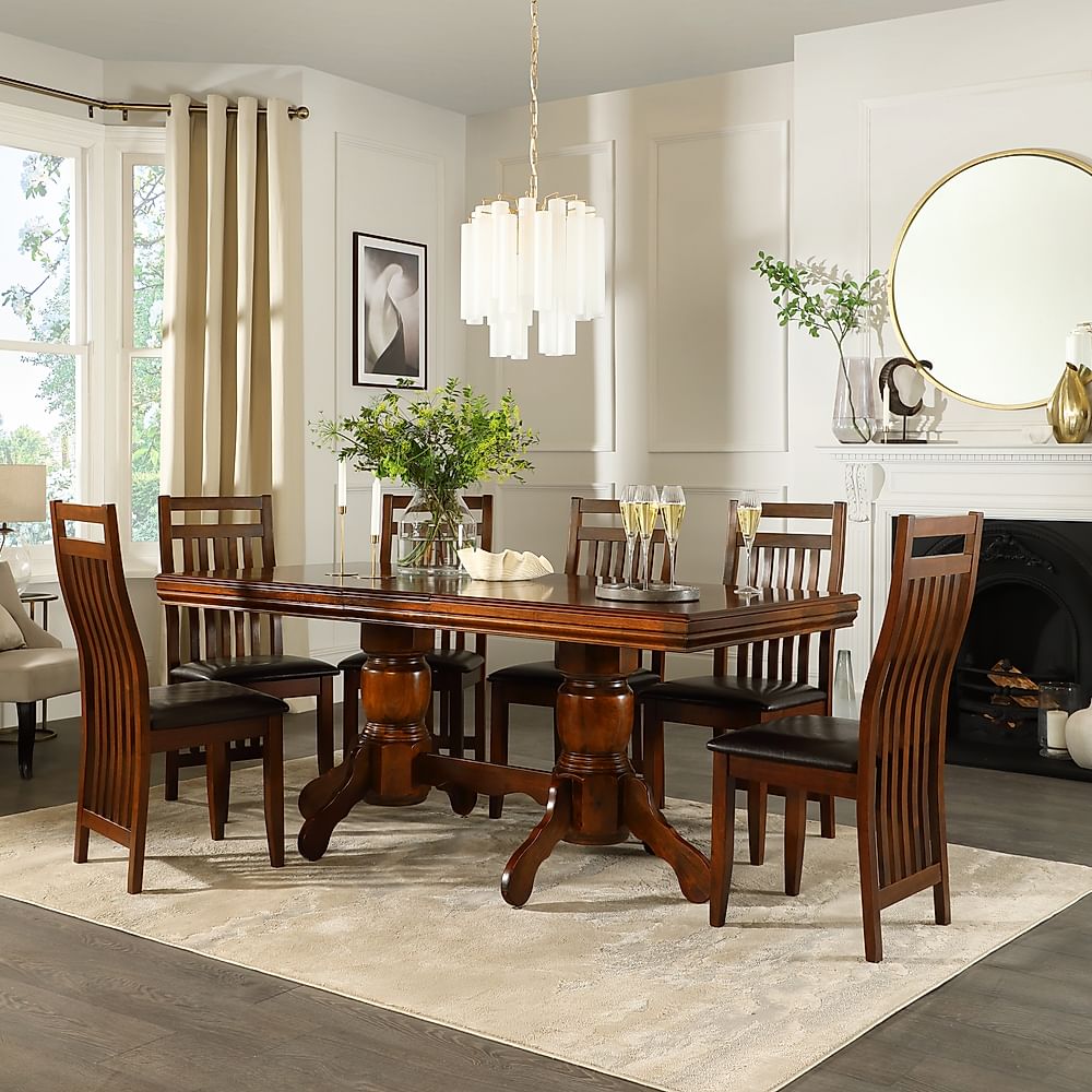 Chatsworth Extending Dining Table & 8 Java Chairs, Dark Solid Hardwood, Brown Classic Faux Leather, 150-180cm