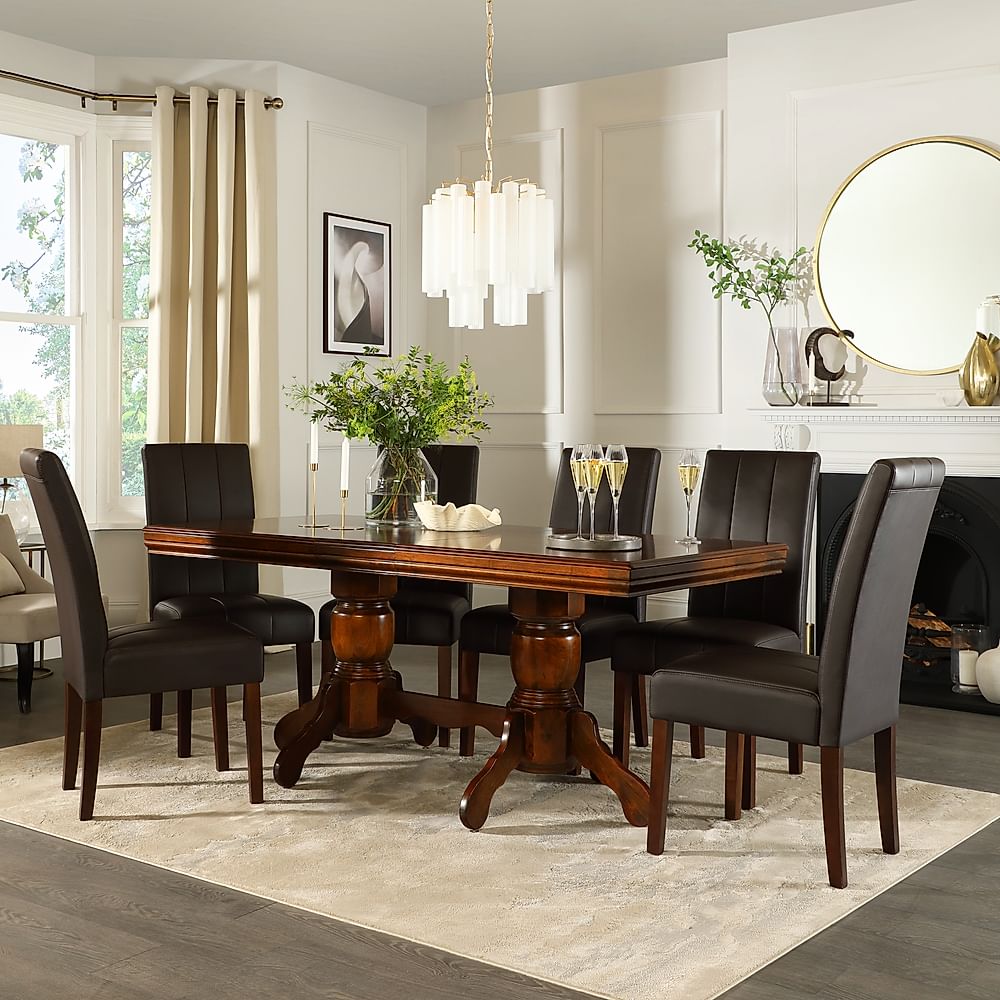 Chatsworth Extending Dining Table & 8 Carrick Chairs, Dark Solid Hardwood, Brown Classic Faux Leather, 150-180cm