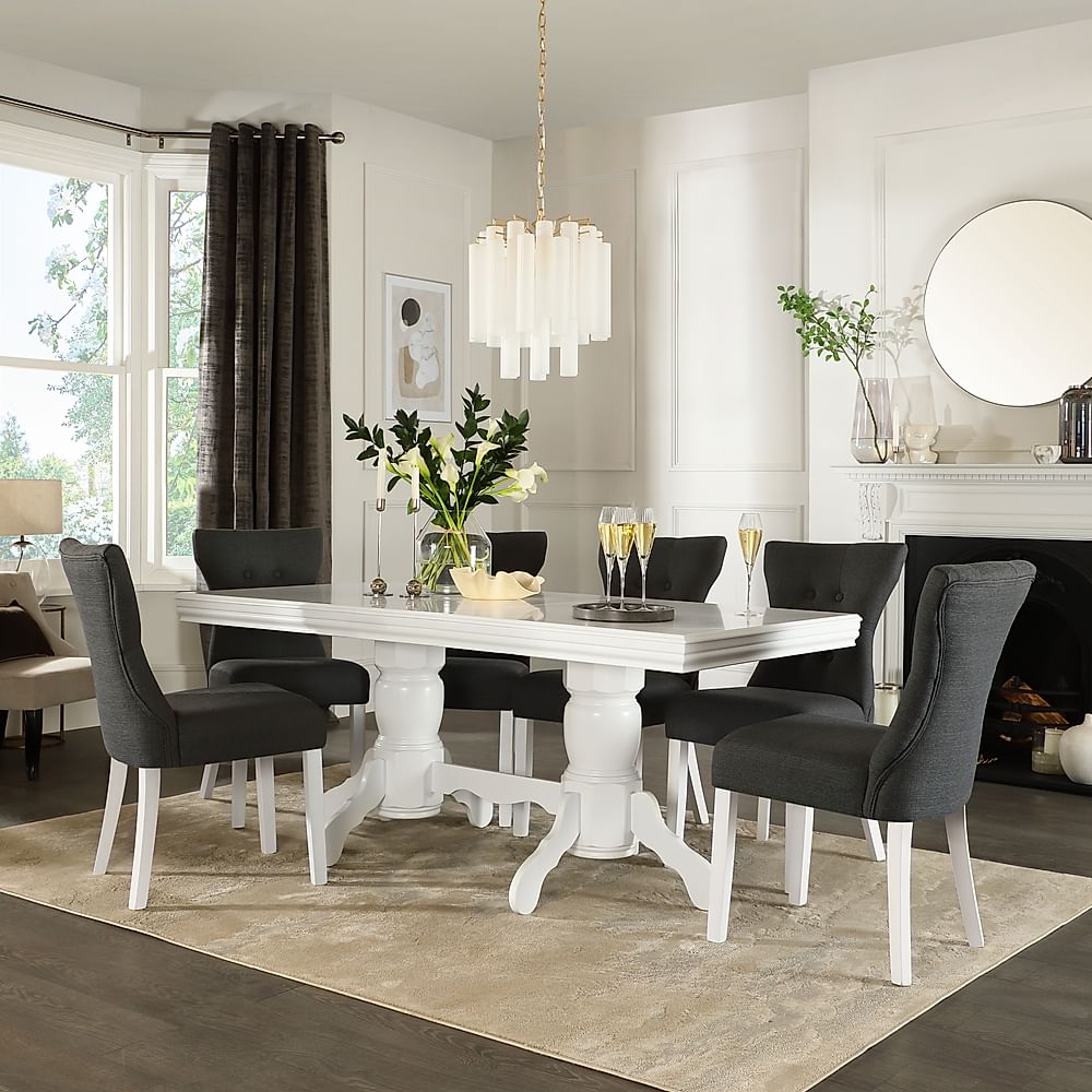 Chatsworth Extending Dining Table & 8 Bewley Chairs, White Wood, Slate Grey Classic Linen-Weave Fabric, 150-180cm