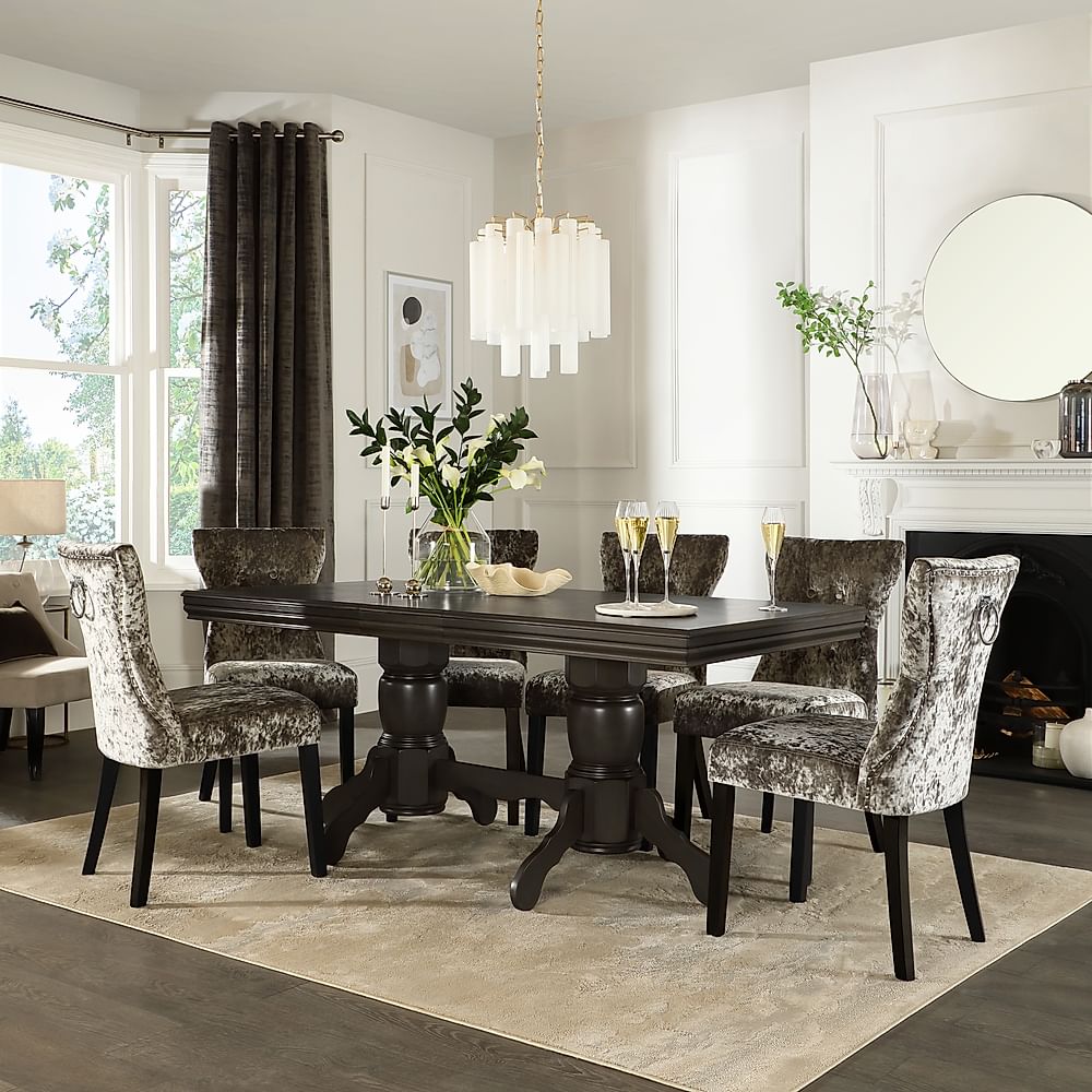 Chatsworth Extending Dining Table & 8 Kensington Chairs, Grey Birch Veneer & Solid Hardwood, Silver Crushed Velvet & Black Solid Hardwood, 150-180cm