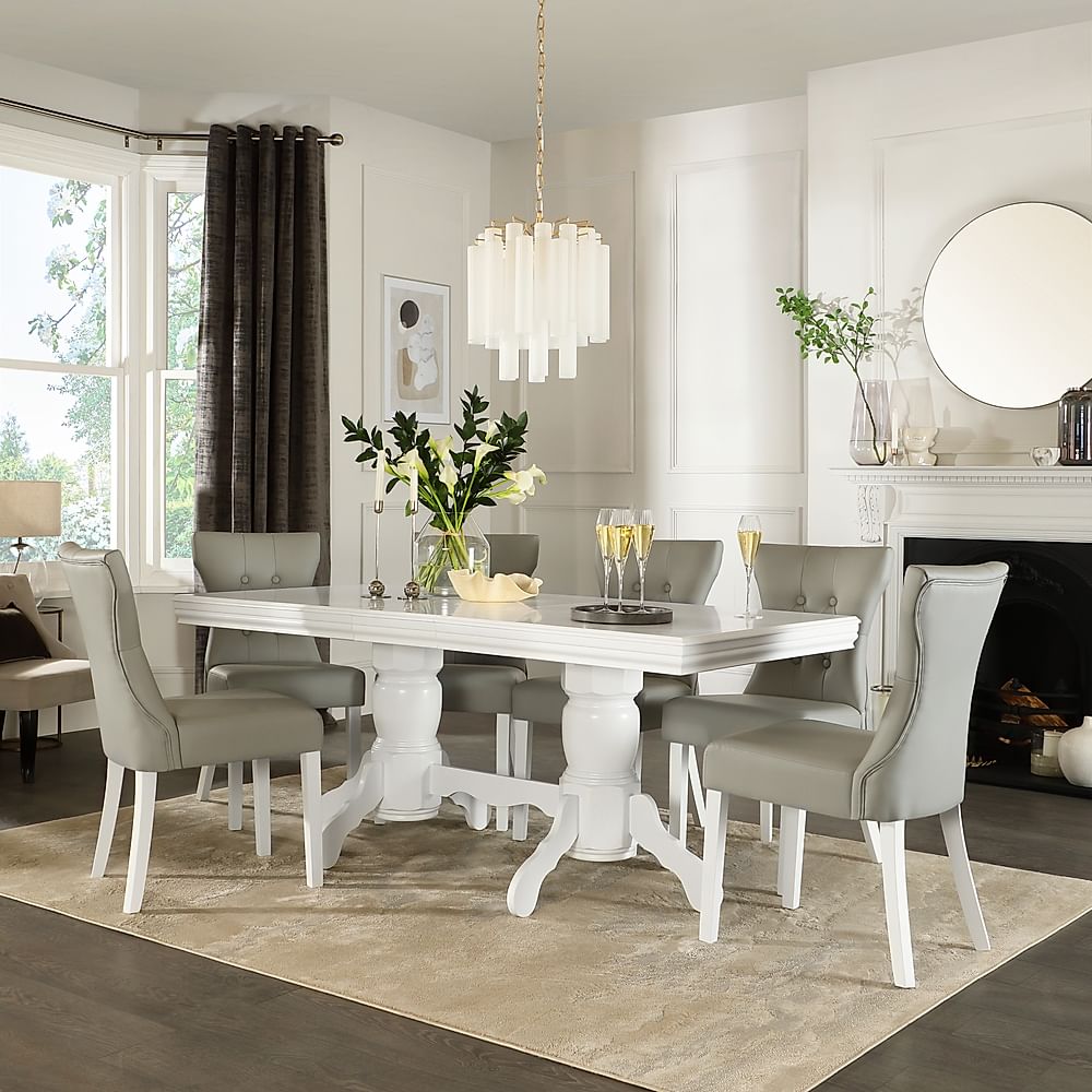 Chatsworth Extending Dining Table & 8 Bewley Chairs, White Wood, Light Grey Classic Faux Leather, 150-180cm