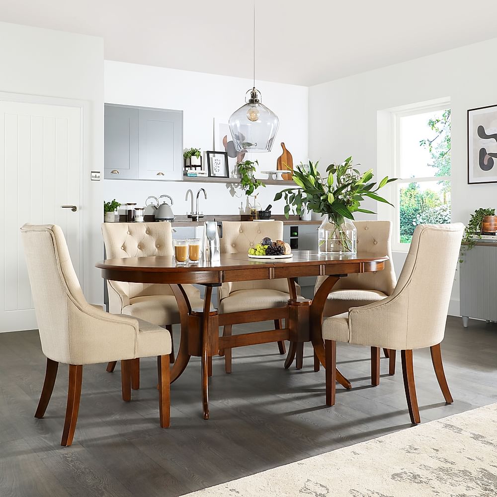 Townhouse Oval Extending Dining Table & 4 Duke Chairs, Dark Solid Hardwood, Oatmeal Classic Linen-Weave Fabric, 150-180cm
