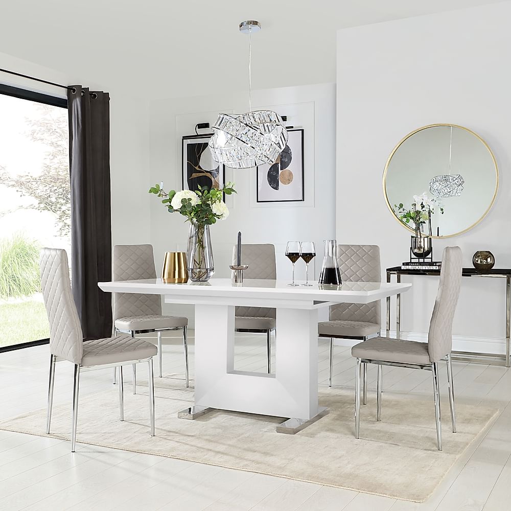 Florence Extending Dining Table & 6 Renzo Chairs, White High Gloss, Stone Grey Classic Faux Leather & Chrome, 120-160cm